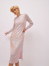 Women's Pink Rainbow Sequin Round Neck Side Slit Midi Party Dress