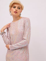 Women's Pink Rainbow Sequin Round Neck Side Slit Midi Party Dress