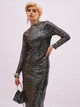 Women's Black Sequin High Neck Back Slit Midi Party Dress