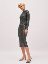 Women's Black Sequin High Neck Back Slit Midi Party Dress