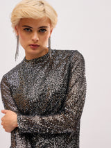 Women's Black Sequin High Neck Back Slit Midi Party Dress