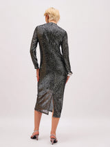 Women's Black Sequin High Neck Back Slit Midi Party Dress