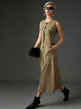 Women's Pastel Olive Twill Waist Cut-Out Midi Casual Dress
