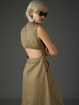 Women's Pastel Olive Twill Waist Cut-Out Midi Casual Dress