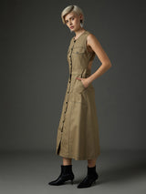 Women's Pastel Olive Twill Waist Cut-Out Midi Casual Dress