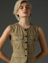 Women's Pastel Olive Twill Waist Cut-Out Midi Casual Dress