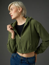 Women's Olive Casual Regular Fit Solid Full Sleeves Hoodie