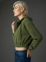 Women's Olive Casual Regular Fit Solid Full Sleeves Hoodie