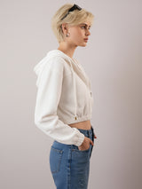 Women's White Casual Regular Fit Solid Full Sleeves Hoodie