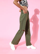 Women's Olive Casual Regular Fit Jeans