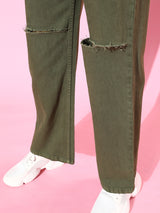 Women's Olive Casual Regular Fit Jeans