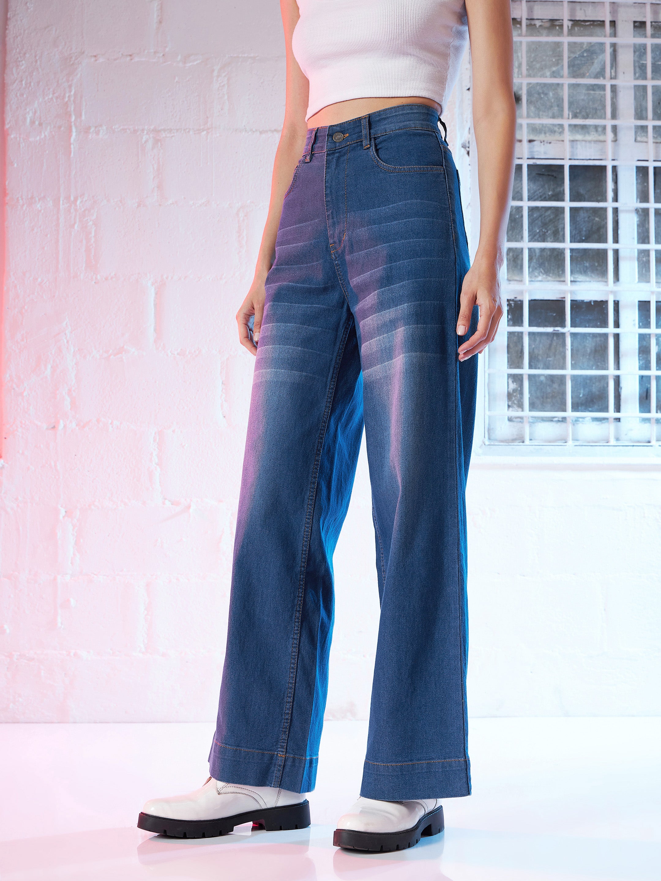 Women's Blue Casual Wide Leg Jeans