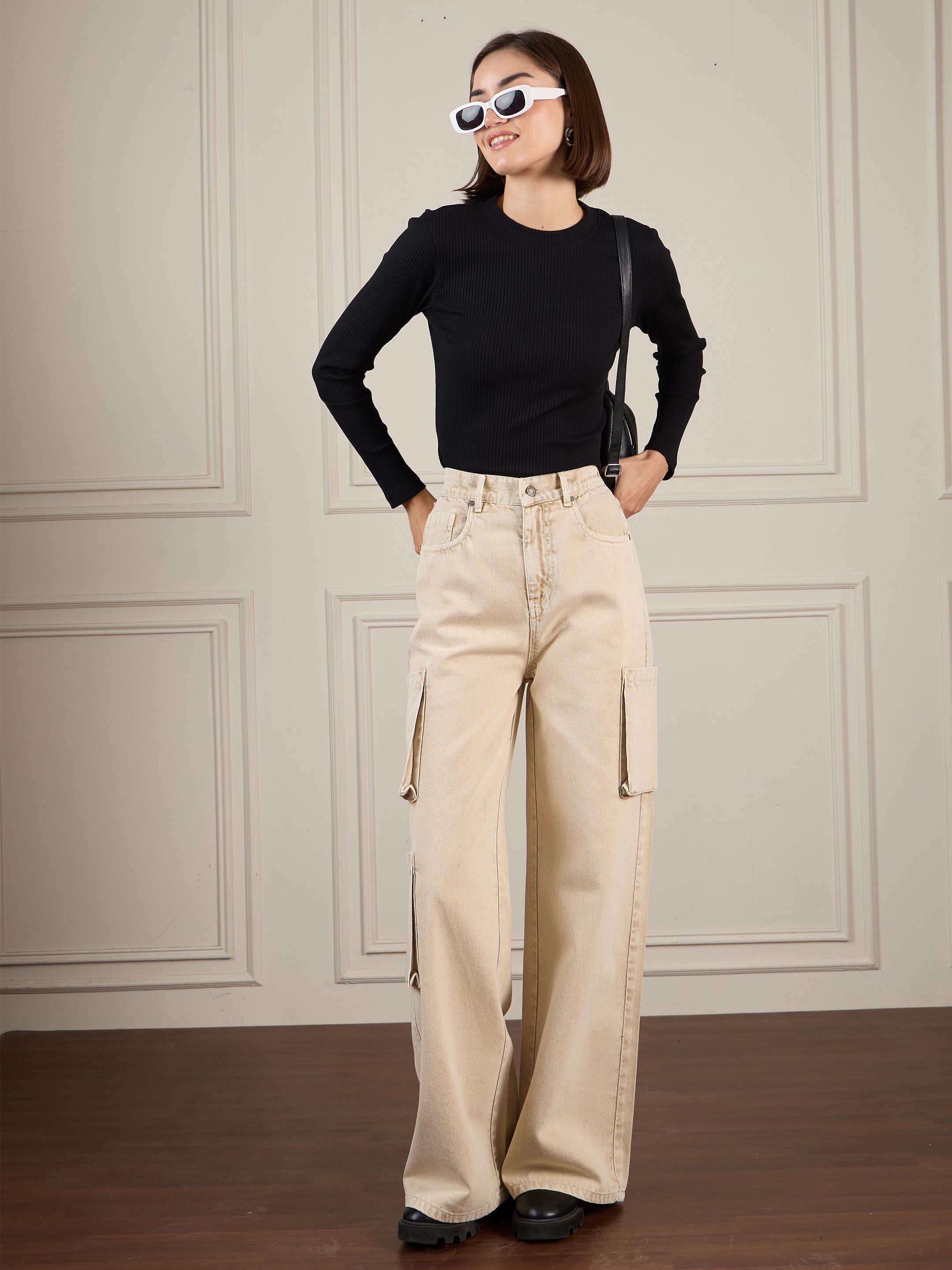 Women's Beige Casual Wide Leg Jeans