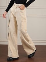 Women's Beige Casual Wide Leg Jeans