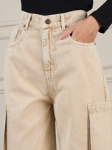 Women's Beige Casual Wide Leg Jeans
