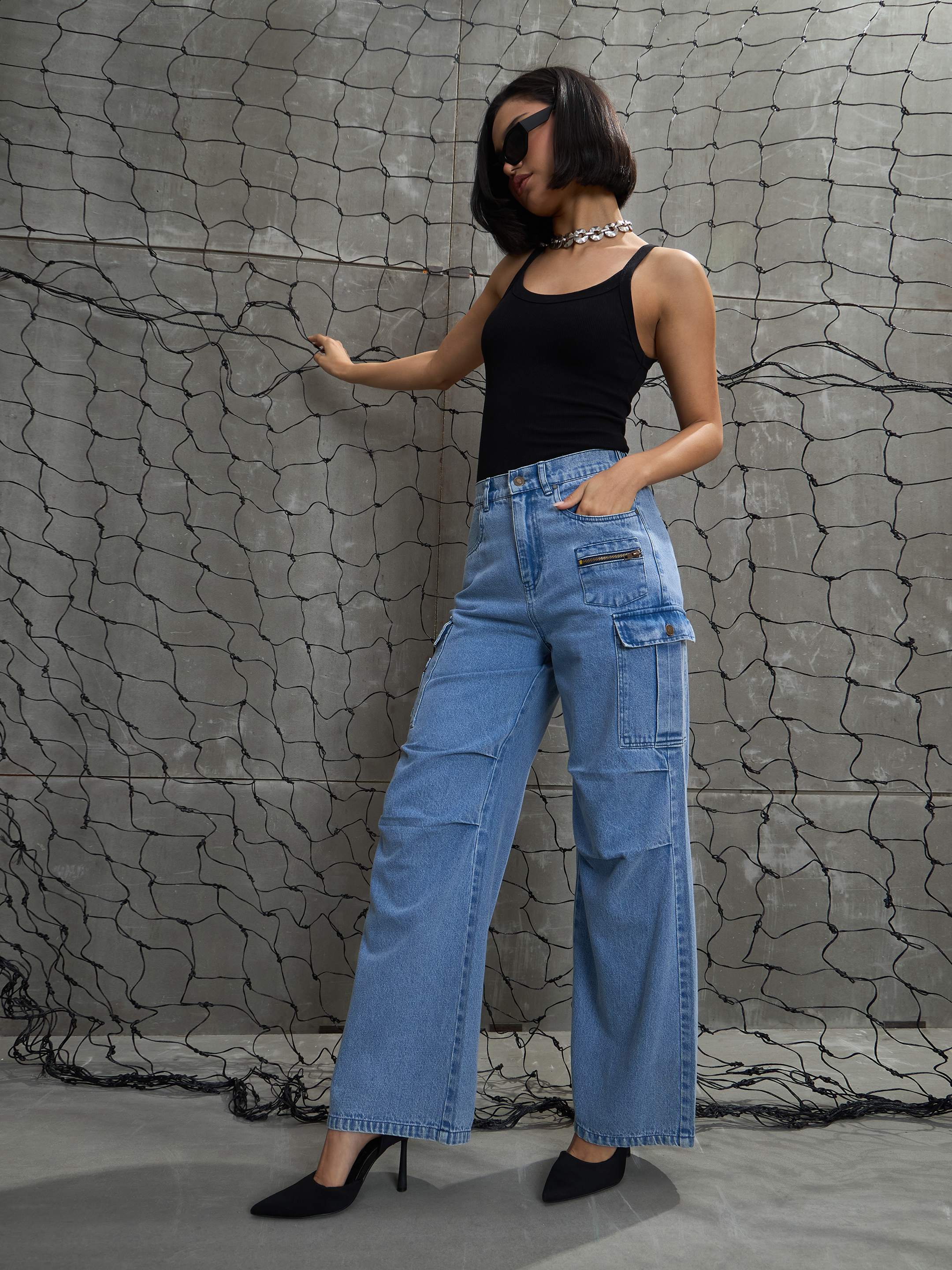 Women's Blue Casual Wide Leg Jeans