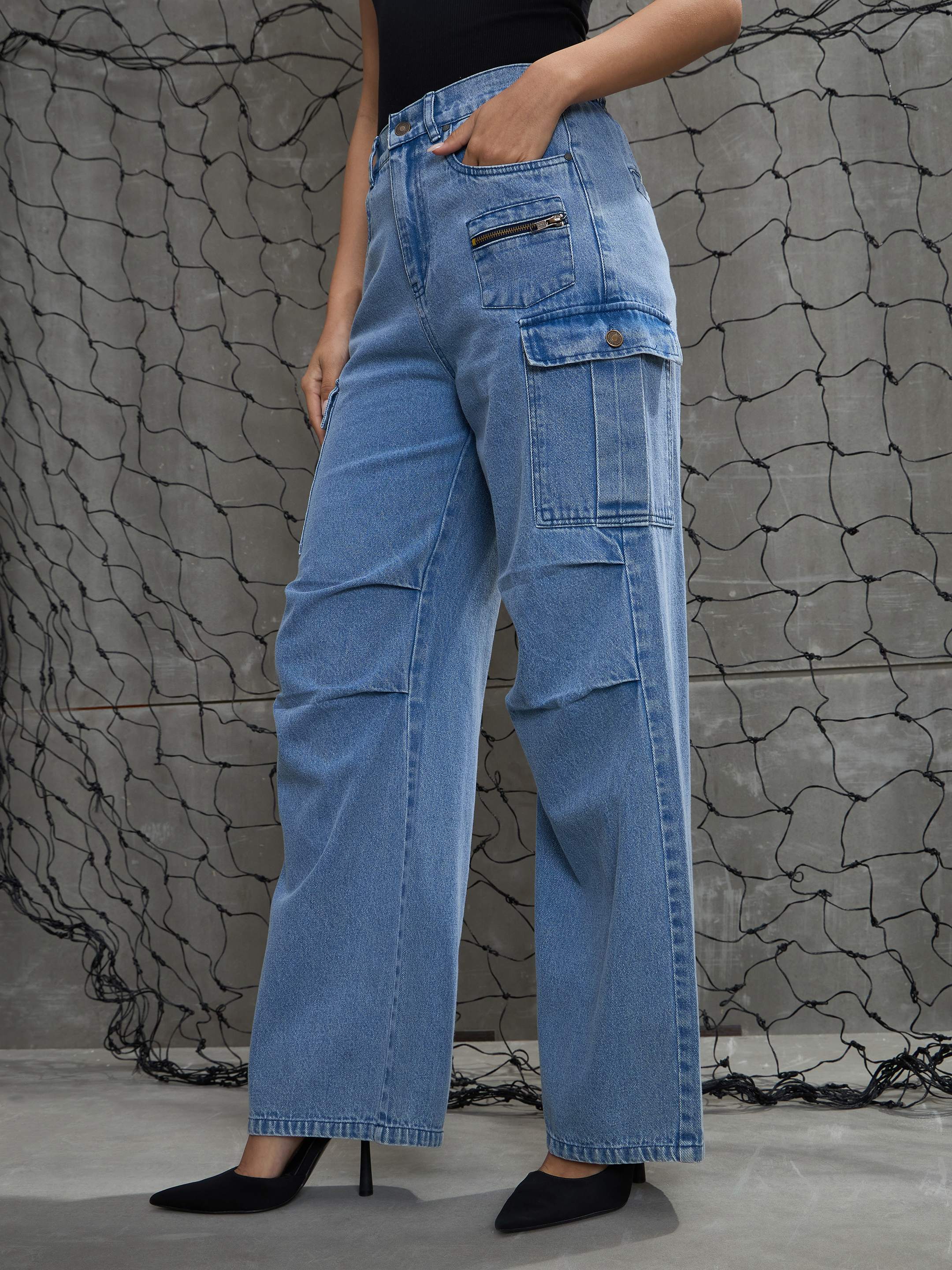 Women's Blue Casual Wide Leg Jeans
