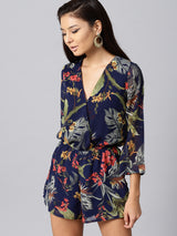 Women's Navy Casual Regular Fit Floral Three Quarter Sleeves Romper