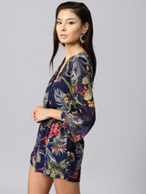 Women's Navy Casual Regular Fit Floral Three Quarter Sleeves Romper