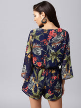 Women's Navy Casual Regular Fit Floral Three Quarter Sleeves Romper