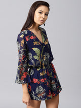 Women's Navy Casual Regular Fit Floral Three Quarter Sleeves Romper