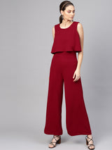 Women's Maroon Casual Regular Fit Solid Sleeveless Jumpsuit