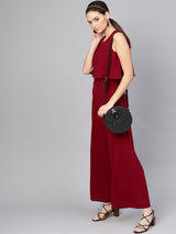 Women's Maroon Casual Regular Fit Solid Sleeveless Jumpsuit