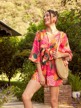 Women's Orange Casual Regular Fit Floral Three Quarter Sleeves Romper
