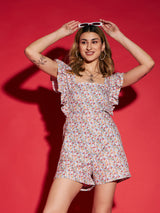 Women's White Casual Regular Fit Floral Sleeveless Romper