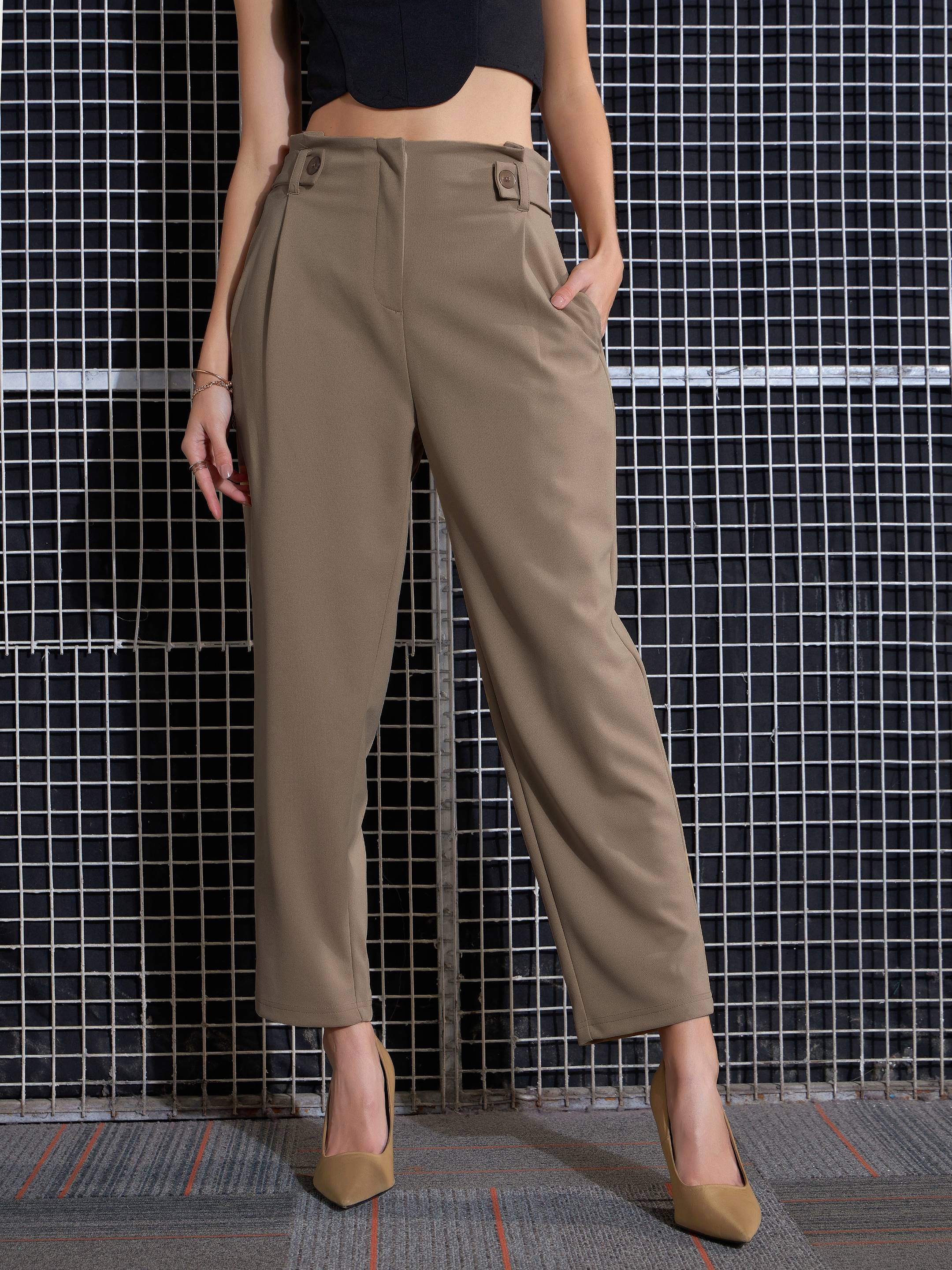 Women's Beige Casual Straight Fit Pant