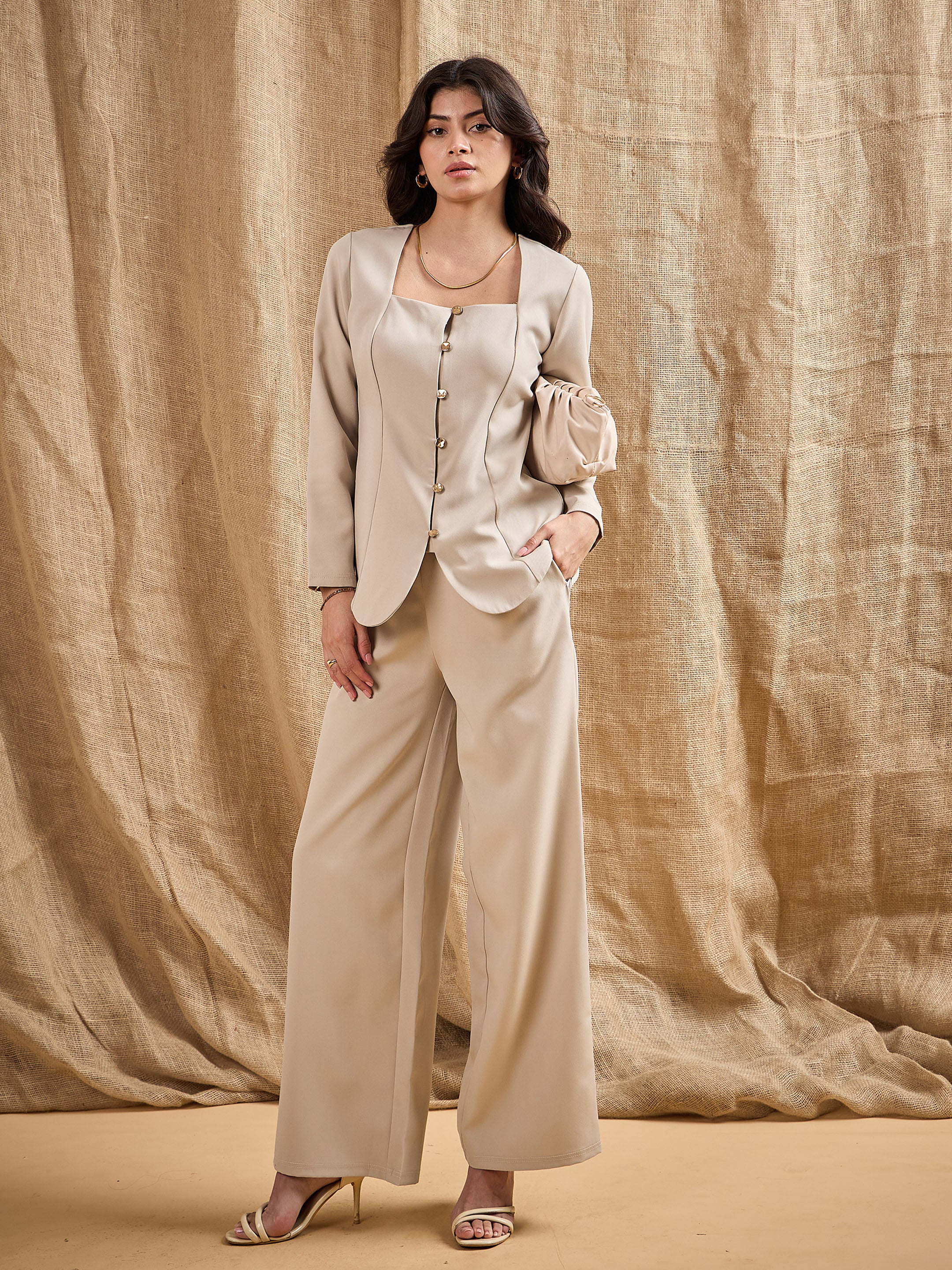 Women's Beige Casual Wide Leg Pant