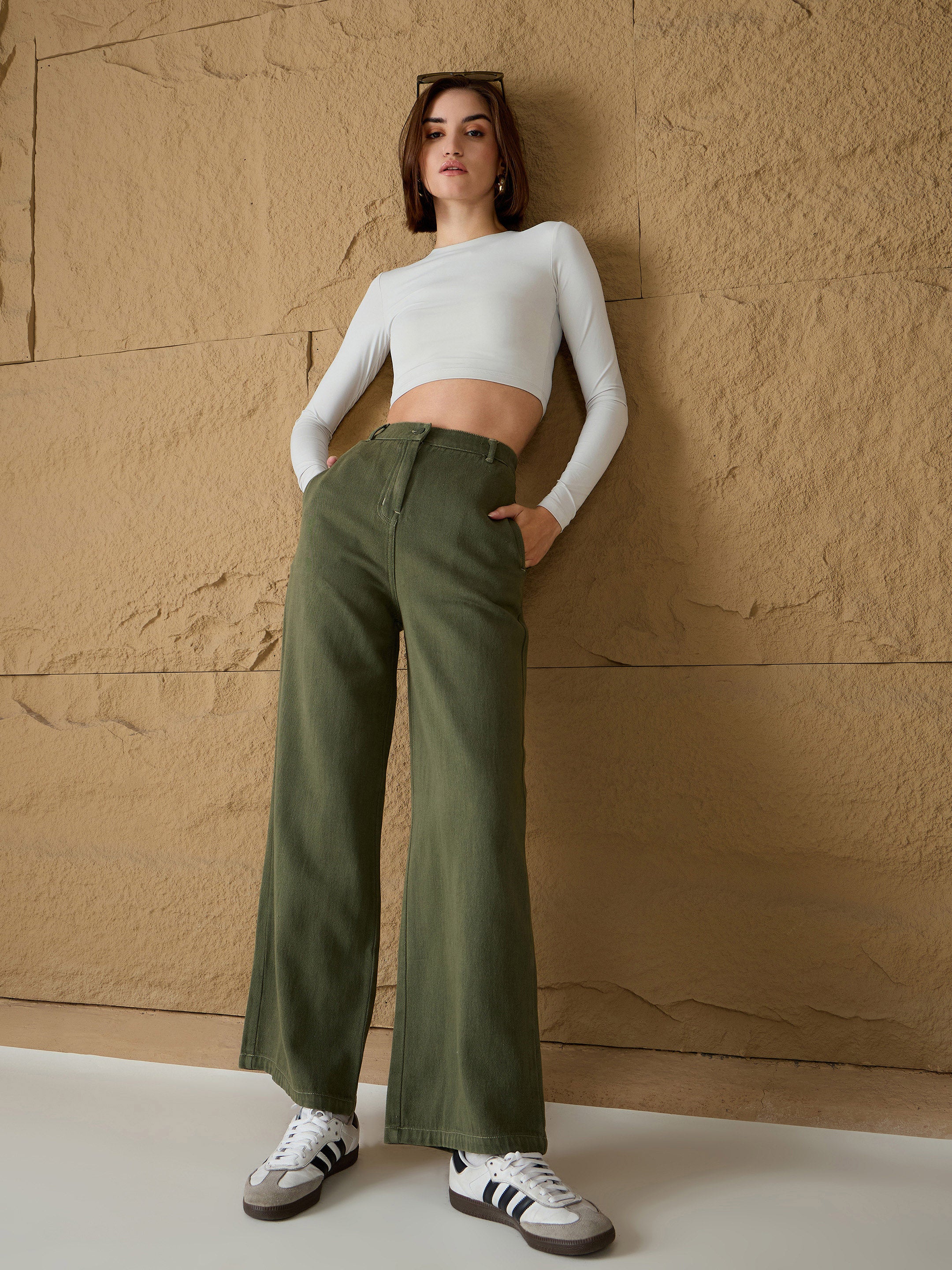 Women's Olive Casual Regular Fit Pant