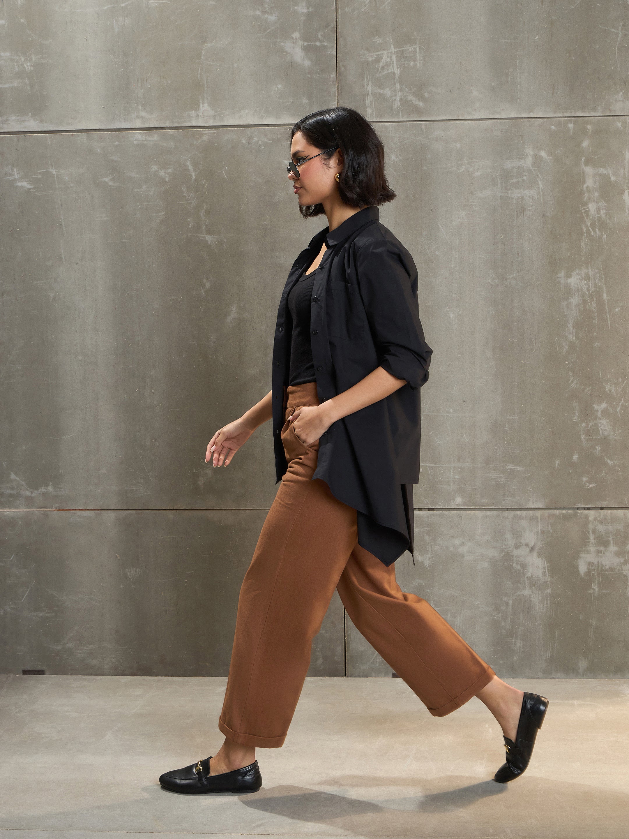 Women's Brown Casual Straight Fit Pant