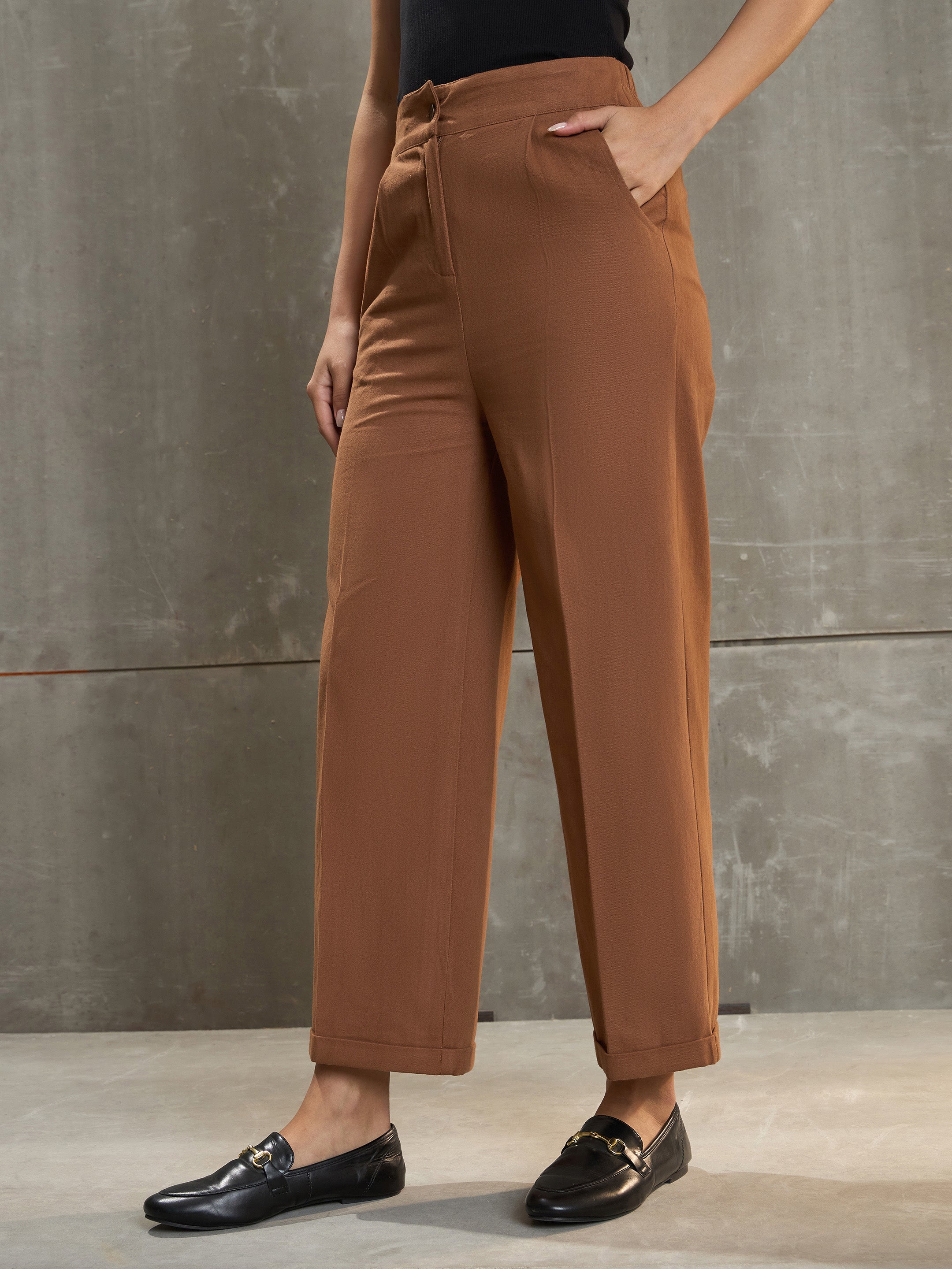 Women's Brown Casual Straight Fit Pant