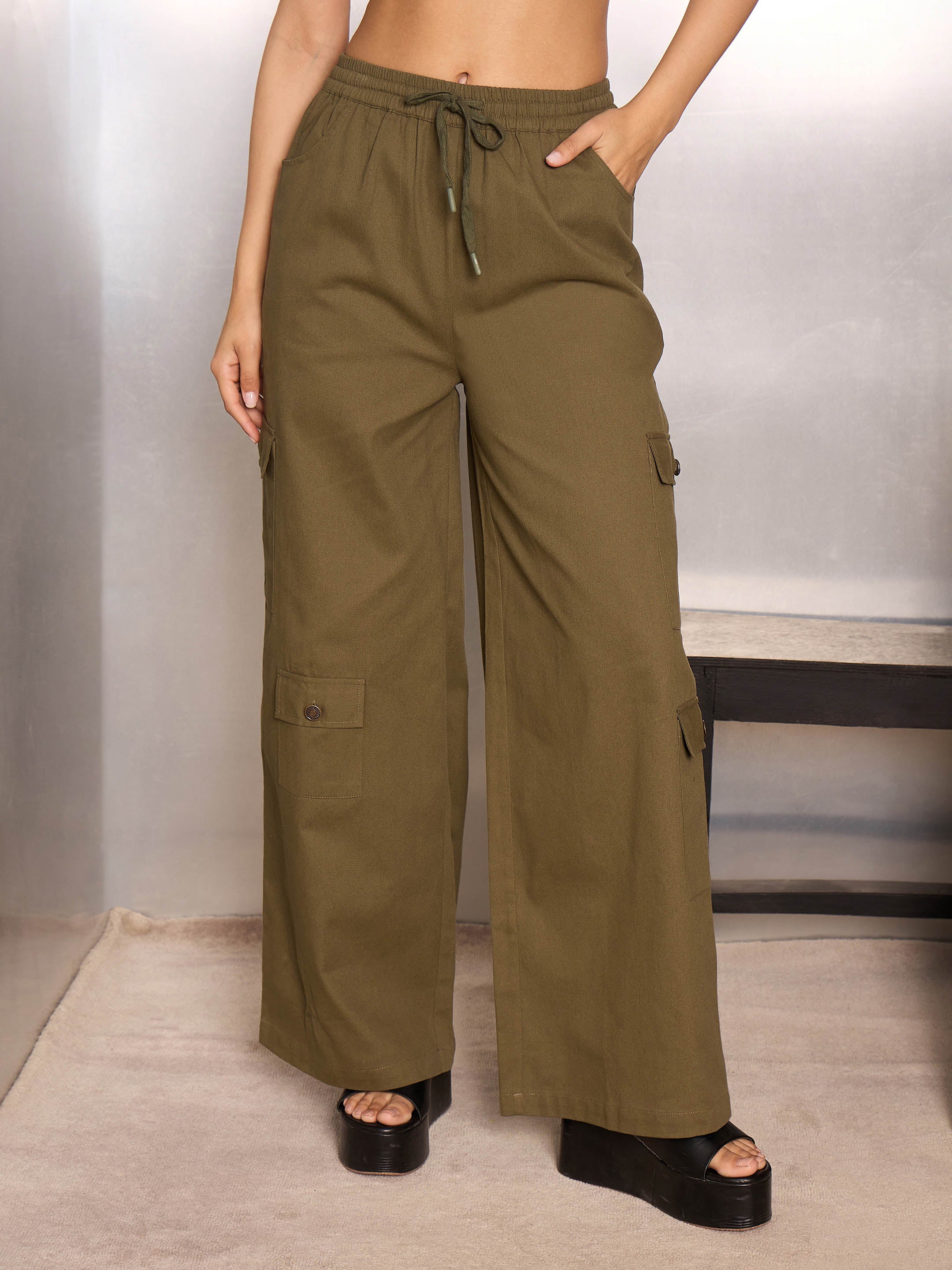 Women's Olive Casual Baggy Fit Pant