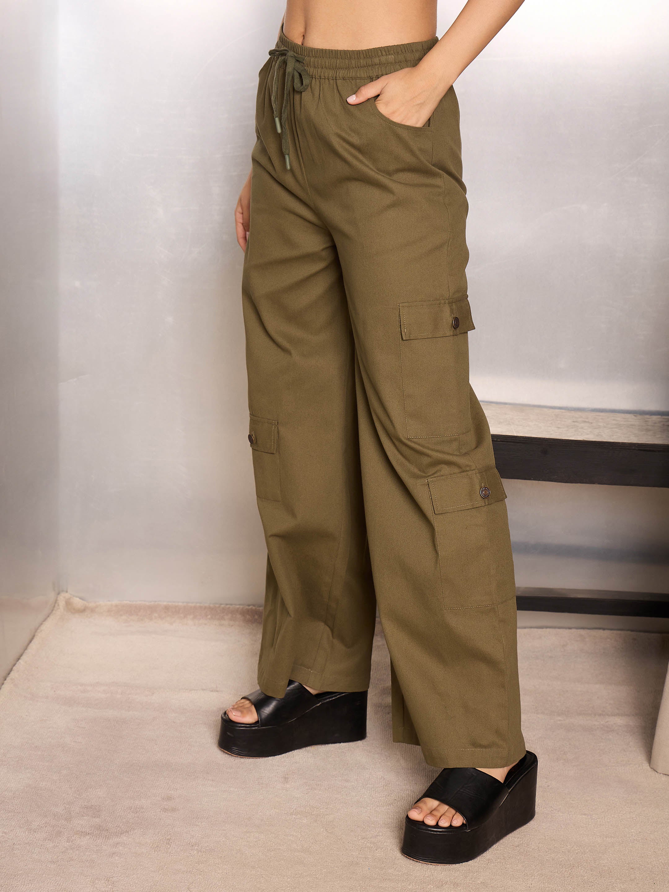 Women's Olive Casual Baggy Fit Pant