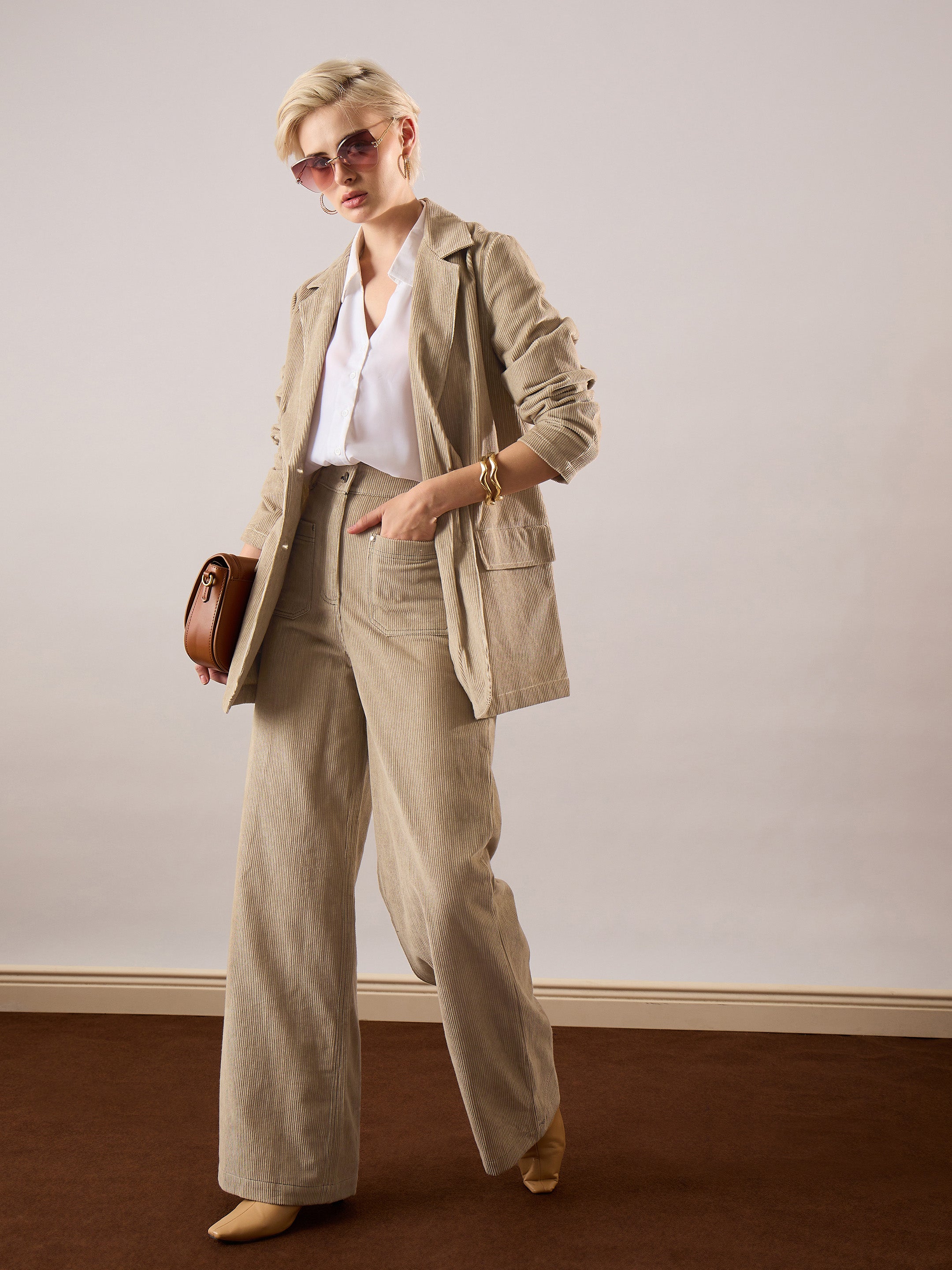 Women's Beige Casual Wide Leg Pant