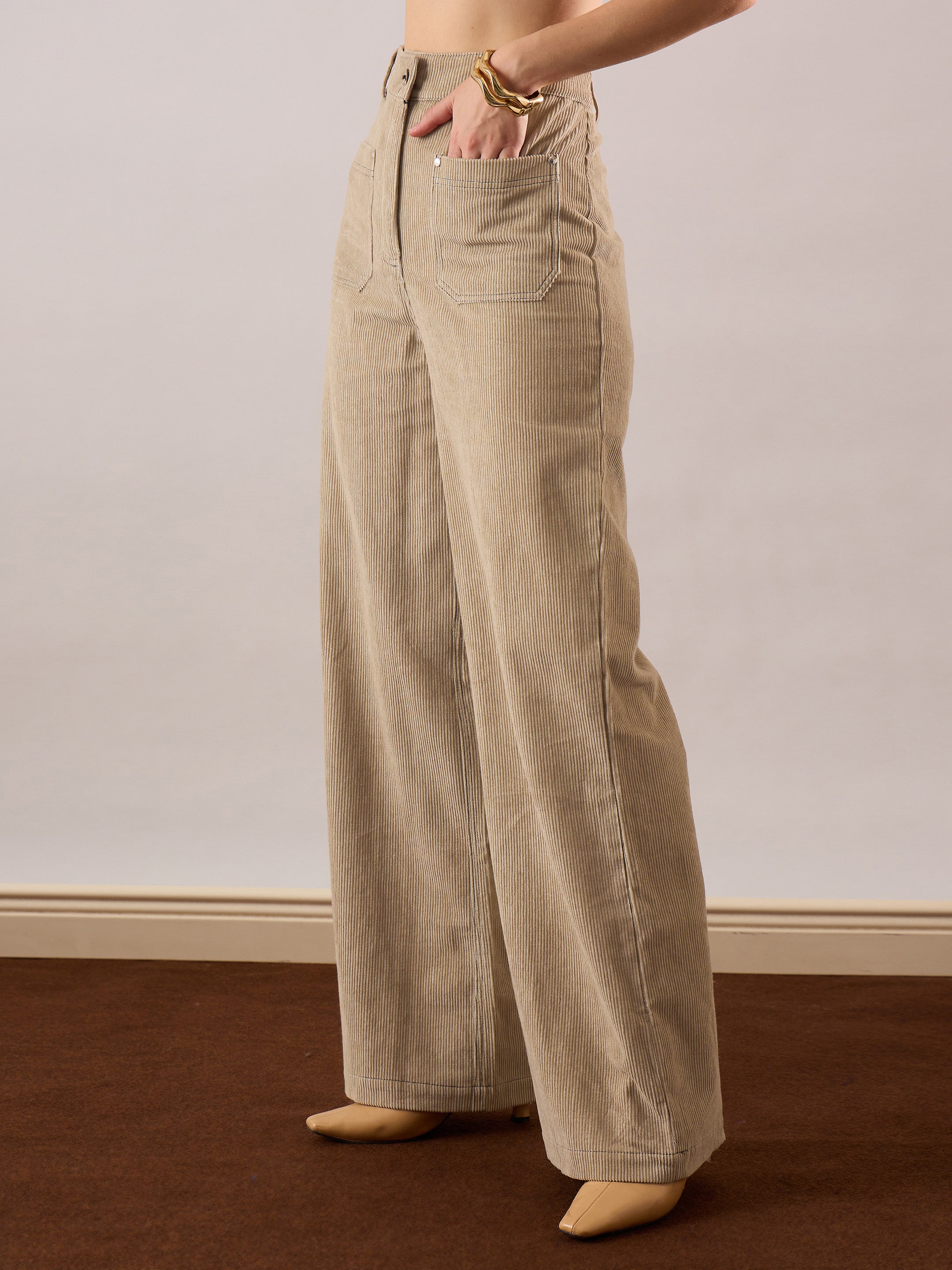 Women's Beige Casual Wide Leg Pant