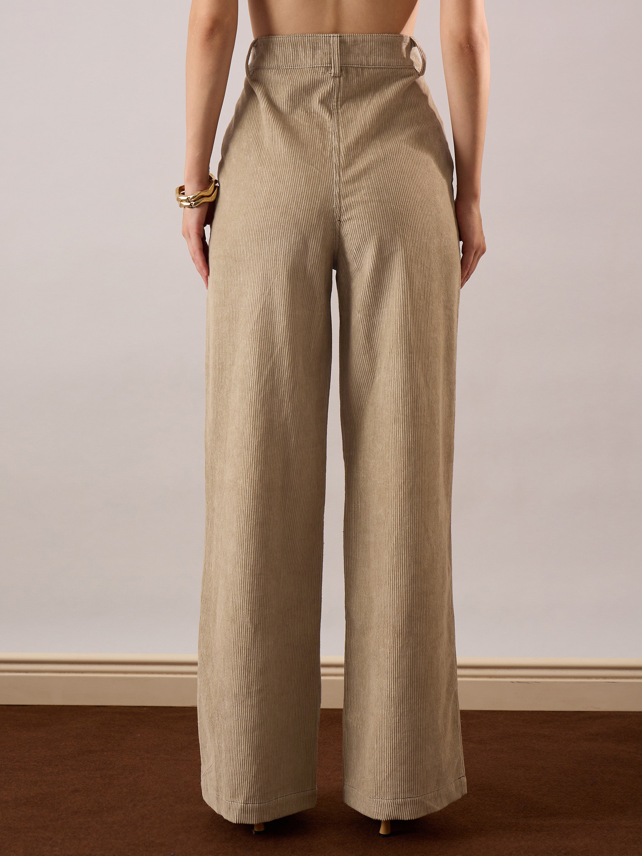 Women's Beige Casual Wide Leg Pant