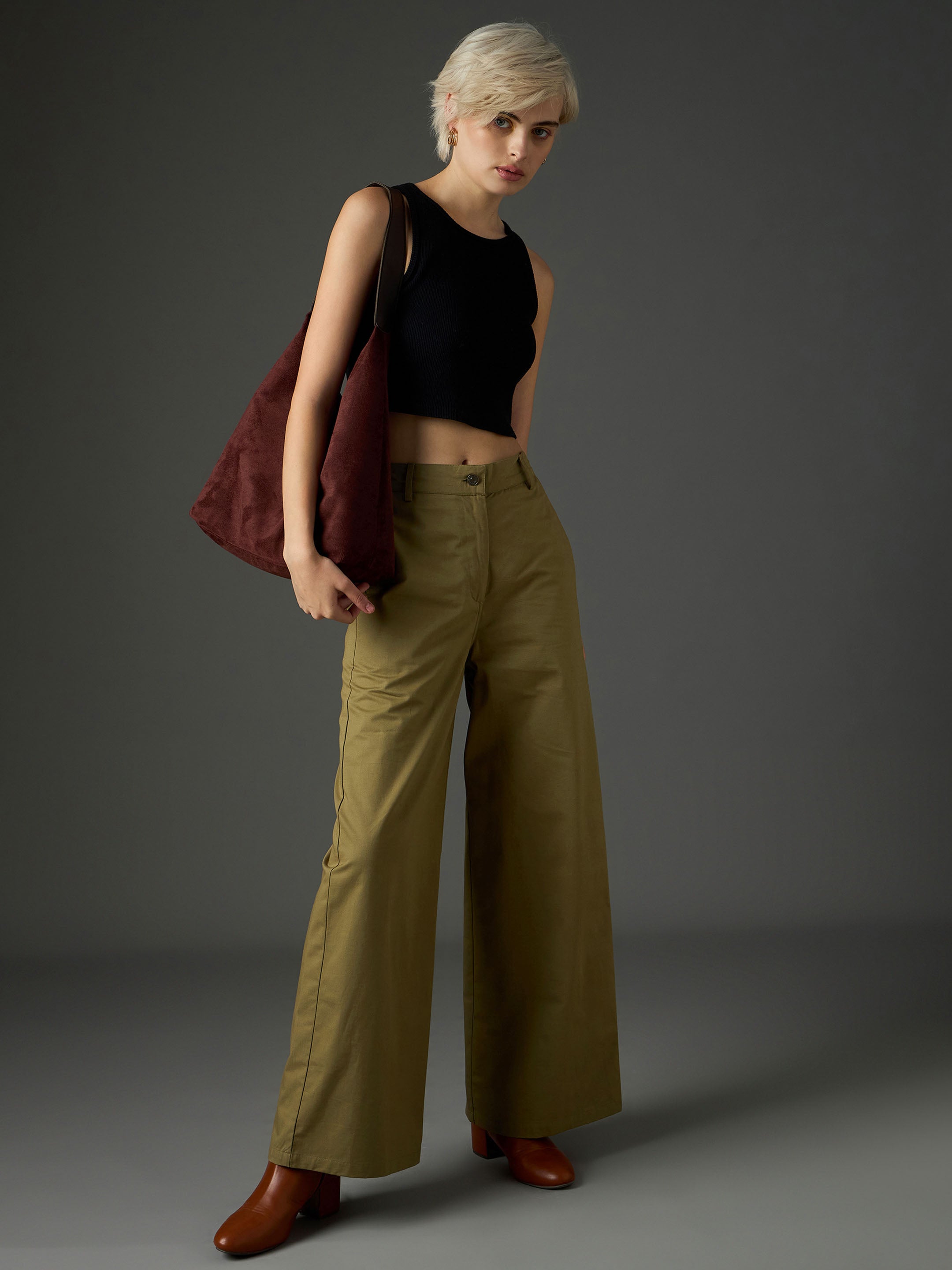 Women's Olive Casual Flared Fit Pant