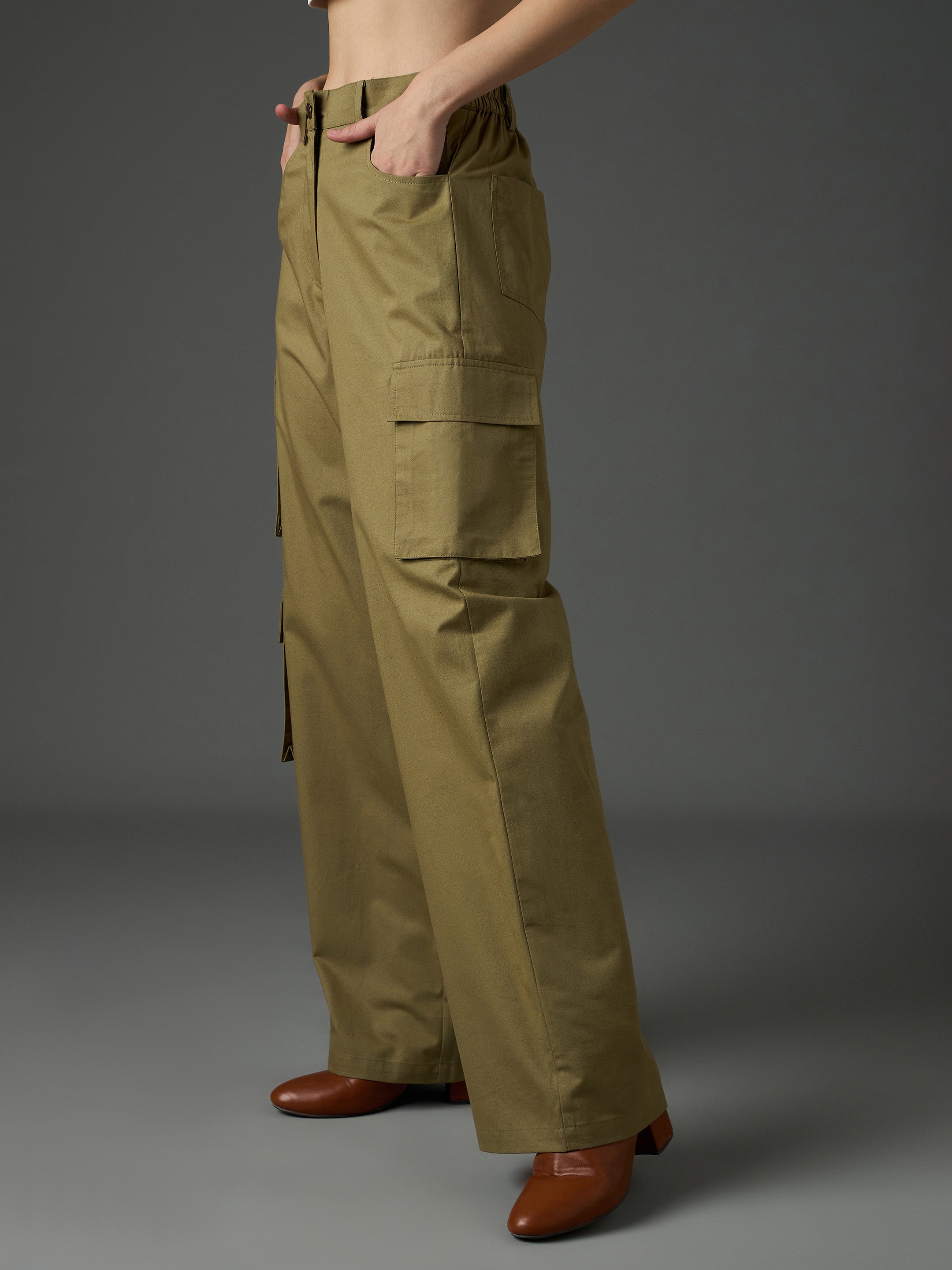 Women's Olive Casual Wide Leg Pant