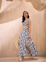Women's Navy Casual Strappy Crop Top With Slit Skirt