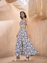 Women's Navy Casual Strappy Crop Top With Slit Skirt