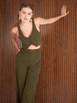 Women's Olive Casual Regular Fit Sleeveless Co-ords Set