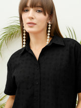 Women's Black Casual Schiffli Shirt with Skirt