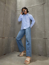 Women's Blue Casual Regular Fit Striped Full Sleeves Shirt