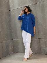 Women's Blue Casual Oversized Fit Solid Full Sleeves Shirt