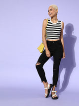 Women's Black Casual Regular Fit Striped Sleeveless Top