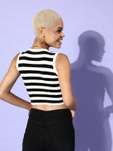 Women's Black Casual Regular Fit Striped Sleeveless Top