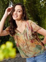 Women's Green Casual Regular Fit Printed Half Sleeves Top